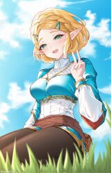 Rule 34 | 1girl, blonde hair, blue shirt, blue sky, braid, breasts, brown pants, crown braid, day, gold trim, green eyes, hand up, hashtag-only commentary, highres, looking at viewer, manggwi55, medium breasts, nintendo, on grass, open mouth, outdoors, pants, pointy ears, princess zelda, shirt, short hair, sitting, sky, smile, solo, the legend of zelda, the legend of zelda: tears of the kingdom, tight clothes, tight pants, v