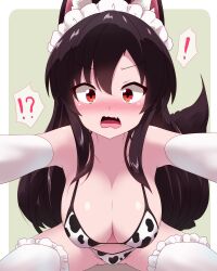 ! !? 1girl animal_ears animal_print bikini blush breasts brown_hair commentary_request cow_print cow_print_bikini elbow_gloves embarrassed fang frilled_thighhighs frills gloves hair_between_eyes imaizumi_kagerou large_breasts long_hair looking_at_viewer maid_headdress nose_blush open_mouth print_bikini red_eyes sivamaron solo swimsuit tail thighhighs touhou v-shaped_eyebrows very_long_hair white_gloves white_thighhighs wolf_ears wolf_girl wolf_tail