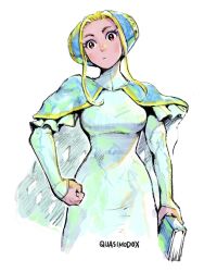 1girl absurdres artist_name blonde_hair blue_cape blue_dress book cape commentary dress highres holding holding_book ingrid_(capcom) quasimodox red_eyes sidelocks signature sleeves_past_wrists solo street_fighter street_fighter_6