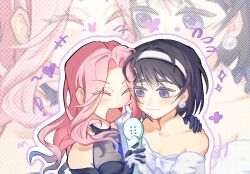 ! 2girls alien_stage black_dress black_gloves black_hair blue_hair bob_cut closed_eyes closed_mouth collarbone colored_eyelashes dress earrings gloves gradient_hair hand_on_another&#039;s_face hand_on_another&#039;s_shoulder heart highres holding holding_microphone interlocked_fingers jewelry kao_jiucai_wansui! long_hair microphone mizi_(alien_stage) multicolored_hair multiple_girls open_mouth pearl_earrings pink_hair purple_eyes short_hair smile sphere_earrings sua_(alien_stage) two-tone_hair white_dress white_gloves zoom_layer