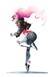 1girl artist_logo ass automatic_giraffe black_shorts broken_horn coat colored_skin cyborg floating_hair from_side high_collar highres horns logo long_hair mechabare mechanical_hands mechanical_legs original pink_hair see-through_body shorts solo spine standing standing_on_one_leg white_background