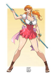 1girl absurdres breasts cirenk cleavage commission dress full_body highres holding holding_staff looking_at_viewer low_twintails nami_(one_piece) one_piece orange_hair smile solo staff twintails