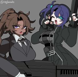 2girls absurdres belt black_belt black_coat black_gloves black_jacket black_necktie black_shirt blue_eyes blue_hair breasts brown_hair chest_harness coat collared_shirt dark-skinned_male dark_skin fingerless_gloves full-stop_office_(identity)_(project_moon) genderswap genderswap_(mtf) gloves hair_intakes harness heathcliff_(project_moon) highres hong_lu_(project_moon) jacket kekeken lapels large_breasts limbus_company long_hair multiple_girls necktie notched_lapels one_eye_closed open_mouth project_moon purple_eyes shirt side_ponytail smile very_long_hair white_shirt