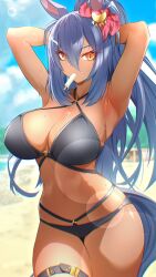 1girl alternate_costume animal_ears armpits arms_behind_head arms_up beach bikini black_bikini blue_hair blue_sky blurry blurry_background bokeh breasts cleavage cloud commentary_request contrapposto dark-skinned_female dark_skin depth_of_field dripping ear_ornament ear_scrunchie eve_on_k food food_in_mouth food_on_body food_on_breasts hair_between_eyes hair_ornament hairclip highres hishi_amazon_(umamusume) horse_ears horse_girl horse_tail large_breasts long_hair long_hair_between_eyes looking_at_viewer melting_popsicle multi-strapped_bikini_bottom navel o-ring o-ring_top outdoors popsicle popsicle_in_mouth presenting_armpit red_eyes red_scrunchie scrunchie sky solo stomach sunlight sweat swimsuit tail thigh_strap thighs toned toned_female umamusume very_long_hair