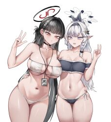 2girls absurdres alternate_costume alternate_hairstyle arm_around_waist bare_arms bare_shoulders bikini black_bikini black_choker black_hair black_hairband black_halo black_ribbon black_scrunchie blue_archive blunt_bangs braid breasts bright_pupils cameltoe choker cleavage collarbone commentary_request cowboy_shot detached_sleeves eyepatch_bikini flower frilled_bikini frilled_sleeves frills groin hair_flower hair_ornament hair_ribbon hair_scrunchie hairband hairclip half_up_braid half_updo halo hand_on_another&#039;s_waist hand_up high_ponytail highres himari_(blue_archive) id_card lanyard large_breasts long_hair looking_at_viewer low-tied_sidelocks medium_breasts multicolored_halo multiple_girls navel o-ring o-ring_choker parted_lips ponytail purple_eyes raised_eyebrows red_eyes red_halo ribbon rio_(blue_archive) rolo6_4 scrunchie short_sleeves side-by-side side-tie_bikini_bottom sidelocks simple_background single_sidelock standing stomach strapless strapless_bikini string_bikini sweatdrop swimsuit two-tone_halo v very_long_hair white_background white_bikini white_flower white_hair white_halo white_pupils