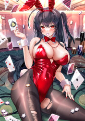 1girl ace_(playing_card) ace_of_spades ahoge animal_ear_hairband animal_ears azur_lane bare_shoulders black_hair black_pantyhose bow bowtie breasts card fake_animal_ears floating_card hairband highres holding holding_card large_breasts lens_flare leotard long_hair looking_at_viewer mouth_hold on_table one_side_up pantyhose playboy_bunny playing_card poker_chip rabbit_ear_hairband rabbit_ears rabbit_tail red_bow red_bowtie red_eyes red_leotard red_nails silveroid sitting solo spade_(shape) table taihou_(azur_lane) taihou_(fun_on_the_baize)_(azur_lane) tail torn_clothes torn_pantyhose very_long_hair wrist_cuffs
