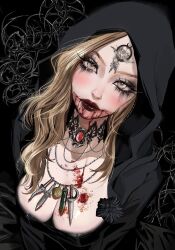 Rule 34 | 1girl, bela dimitrescu, black cloak, blonde hair, blood, blood from mouth, blush, breasts, cleavage, cloak, eyelashes, facial mark, forehead mark, gem, hashtag-only commentary, highres, hood, hooded cloak, large breasts, long hair, looking at viewer, makeup, multiple necklaces, red gemstone, red lips, resident evil, resident evil village, runny makeup, shmalloe, solo, wavy hair