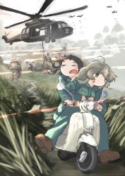 2girls 5afvb aircraft airplane aqua_eyes black_hair blonde_hair brown_footwear chito_(shoujo_shuumatsu_ryokou) firing grass green_pants green_shirt helicopter highres military_uniform motor_vehicle multiple_girls pants riding scooter shirt shoujo_shuumatsu_ryokou soldier war yuuri_(shoujo_shuumatsu_ryokou)