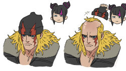 Rule 34 | 1boy, 1girl, alex (street fighter), beanie, black hat, blonde hair, blue eyes, han juri, hat, highres, simple background, street fighter, street fighter 6, wallace pires, white background, widow&#039;s peak