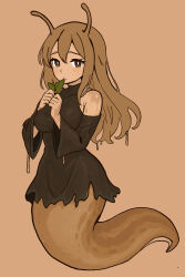 Rule 34 | 1girl, antennae, black dress, brown background, brown eyes, brown hair, closed mouth, clothing cutout, dress, full body, hair between eyes, hands up, highres, holding, holding leaf, leaf, light blush, long hair, looking to the side, monster girl, original, own hands together, self-upload, shoulder cutout, simple background, slug girl, solo, waveringana, wet