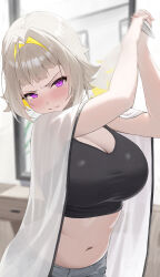 1girl absurdres ahoge alternate_hairstyle arms_up barber_cape black_sports_bra blonde_hair blurry blurry_background blush breasts cleavage closed_mouth colored_inner_hair commentary crying crying_with_eyes_open elegg_(nikke) fang fang_out goddess_of_victory:_nikke grey_pants hair_intakes highres holding holding_scissors huge_breasts incoming_attack indoors looking_at_viewer midriff mirror motion_blur multicolored_hair nikku_nana nose_blush pants purple_eyes reflection scissors see-through_clothes solo sports_bra symbol-only_commentary tears two-handed two-tone_hair upper_body v-shaped_eyebrows