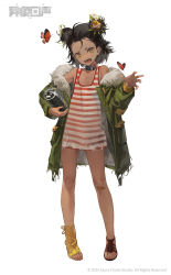 1girl bandaid bandaid_on_knee bandaid_on_leg black_hair bug butterfly choker coat dark-skinned_female dark_skin dayeyangzhi dress fangs full_body fur_trim green_coat hair_ornament highres holding insect jacket looking_at_viewer off_shoulder open_clothes open_mouth original sandals short_dress short_hair simple_background smile solo standing teeth white_background