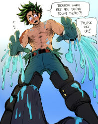 Rule 34 | 1boy, abs, belt, blue background, boku no hero academia, commentary, english text, freckles, from below, gloves, gradient background, green hair, highres, looking down, male focus, midoriya izuku, nipples, open mouth, short hair, solo, speech bubble, superhero costume, teeth, toned, toned male, topless male, torn clothes, upper teeth only, water, white background, zazaraza33