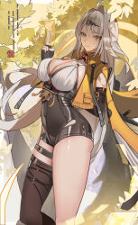 1girl absurdres ahoge between_fingers black_gloves breasts cleavage closed_mouth fingerless_gloves floating_hair gloves grey_hair hair_ornament highres holding holding_paper jacket jacket_on_shoulders large_breasts leaf long_hair ofuda orb paper single_thighhigh solo thigh_strap thighhighs thighs very_long_hair xiaojuan_(user_ezvt7287) yellow_background yellow_eyes yellow_jacket yin_yang yin_yang_orb yixuan_(zenless_zone_zero) zenless_zone_zero