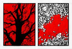 afraid_of_monsters bare_tree cellar_art color_contrast drugs highres inset_border limited_palette no_humans pill scenery silhouette simple_background tree white_background