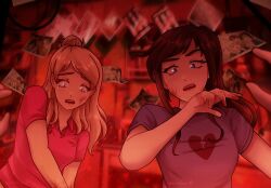 2girls black_hair blonde_hair blood blood_on_arm blood_on_face blue_eyes blue_shirt broken_heart_print class_of_09 collared_shirt crying crying_with_eyes_open derkdrew124 hair_bun highres jecka_(class_of_09) looking_at_viewer multiple_girls nicole_(class_of_09) open_mouth photo_(object) pink_shirt ponytail shirt streaming_tears tears teeth upper_teeth_only yellow_eyes