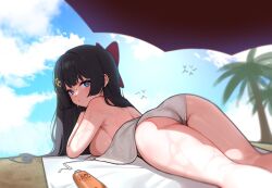 1girl ass bare_shoulders bikini black_hair blue_eyes bow breasts commentary_request from_behind frown hair_bow hair_ornament heart heart_hair_ornament heok_bam large_breasts long_hair looking_at_viewer looking_back shirayuki_hina sideboob solo stellive string_bikini swimsuit thighs towel untied_bikini v-shaped_eyebrows virtual_youtuber wet white_bikini