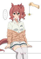 ... 1girl absurdres animal_ears bow bowtie brown_cardigan brown_eyes brown_hair cardigan coin commentary deepwater disembodied_hand dress_shirt drill_hair drill_sidelocks ear_bow empty_eyes highres horse_ears horse_girl horse_tail hypnosis kasamatsu_tracen_school_uniform long_sleeves medium_hair mind_control motion_lines norn_ace_(umamusume) off_shoulder parted_lips partially_unbuttoned red_bow red_bowtie school_uniform shirt side_drill sidelocks sitting spoken_ellipsis tail thighhighs umamusume umamusume:_cinderella_gray white_background white_shirt white_thighhighs wing_collar yen