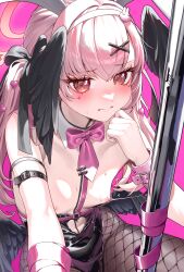 1girl absurdres armlet black_leotard black_pantyhose black_ribbon black_wings blue_archive blush body_markings breasts closed_mouth clothing_cutout cosplay detached_collar fishnet_pantyhose fishnets frown hair_ornament hair_ribbon hairband halo hatsune_miku hatsune_miku_(cosplay) head_wings highleg highleg_leotard highres jewelry koharu_(blue_archive) leotard looking_at_viewer low_wings m_psycho_83 medium_hair multiple_wings navel_cutout necktie nipples pantyhose pink_background pink_eyes pink_hair pink_halo pink_necktie pole rabbit_hole_(vocaloid) ribbon short_necktie simple_background small_breasts solo strap_slip stripper_pole sweat teardrop_facial_mark twintails white_hairband wings x_hair_ornament