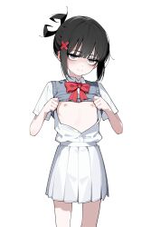 1girl absurdres anomarasu bare_arms bare_legs black_hair bow bowtie commentary earclip flat_chest grey_eyes grey_vest hair_ornament hairclip highres loli looking_at_viewer nipples no_bra open_clothes open_shirt original pleated_skirt red_bow red_bowtie shirt short_sleeves simple_background skirt solo symbol-only_commentary vest vest_lift white_background white_shirt white_skirt x_hair_ornament