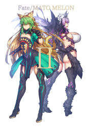 2girls animal_ears atalanta_(fate) atalanta_alter_(fate) backless_outfit blonde_hair boar_mask boots breasts cat_ears cleavage_cutout clothing_cutout cover cover_page fate/grand_order fate_(series) gauntlets green_eyes green_hair highres large_breasts long_hair melon22 multiple_girls panties purple_hair skirt small_breasts thigh_boots underwear white_hair