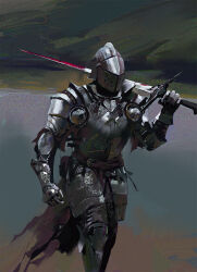 1other ambiguous_gender armor blood bloody_weapon blurry blurry_background breastplate brush_stroke carrying_over_shoulder covered_face daryl_mandryk facing_viewer faulds feet_out_of_frame film_grain full_armor gauntlets greaves helm helmet highres holding holding_sword holding_weapon knight long_sword medieval original over_shoulder painterly pauldrons sash shoulder_armor solo sword vambraces waist_sash walking water weapon weapon_over_shoulder