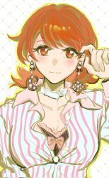 1girl blush bra brown_eyes brown_hair choker collared_shirt crescent crescent_earrings earrings hand_on_own_ear highres jewelry meronsha open_clothes open_shirt persona persona_3 shirt smile sun_earrings swept_bangs takeba_yukari underwear white_background white_choker