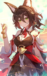 1girl animal_ears bell brown_dress brown_hair closed_mouth detached_sleeves dress fox_ears green_eyes hair_between_eyes hair_ornament hair_stick head_tilt highres holding holding_bell honkai:_star_rail honkai_(series) medium_hair neck_ribbon red_ribbon ribbon shanshanziyu signature single_hair_intake smile solo tassel tingyun_(harmony)_(honkai:_star_rail) tingyun_(honkai:_star_rail) white_sleeves