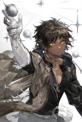 1boy absurdres arknights arm_up black_hair black_shirt bright_pupils closed_mouth dark-skinned_male dark_skin elbow_gloves gloves highres looking_at_viewer magic male_focus mayf42 outstretched_arm shirt short_hair solo sparkle thorns_(arknights) thorns_the_lodestar_(arknights) white_gloves white_pupils yellow_eyes