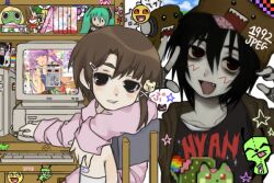1992jpeg 1boy 1girl 2000s_(style) awesome_face black_eyes black_hair bliss_(image) brown_hair character_request commentary computer computer_keyboard computer_mouse computer_tower copyright_request desk desktop_(computing) domo-kun emo_fashion english_commentary fang faux_retro_artstyle figure gir_(dog_costume)_(invader_zim) gir_(invader_zim) gloomy_bear hat hatsune_miku indoors invader_zim itazuraguma_no_gloomy iwakura_lain kagamine_rin keroro keroro_gunsou korilakkuma lee_hoon loaded_interior lol_comics looking_at_viewer microsoft_windows minesweeper monitor multi_(to_heart) my_little_pony my_little_pony:_friendship_is_magic nhk_(broadcaster) nyan_cat open_mouth original san-x scene_fashion serial_experiments_lain shimeji_(desktop_mascot) short_hair smile suicide_boy tac_nayn to_heart_(series) to_heart_2 vinyl_scratch vocaloid windows_xp zim_(invader_zim)
