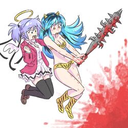 2girls angel angel_wings animal_print bikini black_thighhighs blood blood_splatter bloody_weapon blue_hair bokusatsu_tenshi_dokuro-chan club club_(weapon) crossover excalibolg floating floating_hair green_eyes halo holding holding_weapon horns jacket light_blue_hair loafers lum mitsukai_dokuro multicolored_hair multiple_girls navel open_mouth print_bikini print_footwear purple_hair red_jacket shoes small_horns spiked_club strapless strapless_bikini striped_horns swimsuit thighhighs tiger_panties tiger_print truffleduster two_side_up urusei_yatsura weapon white_background wings yellow_bikini yellow_eyes yellow_horns zettai_ryouiki