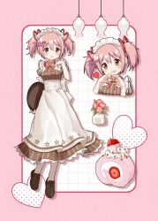 1girl alternate_costume apron asukaru_(magika_ru) blush border brown_dress brown_shoes cake commentary cropped_torso dated dress enmaided flower food fruit full_body grey_pantyhose grid_background hand_up heart heart_hands highres kaname_madoka loafers looking_at_viewer mahou_shoujo_madoka_magica maid maid_headdress multiple_views open_mouth outside_border pantyhose pink_border pink_eyes pink_hair recompense_maid_uniform shoes short_hair short_sleeves signature smile standing strawberry striped_clothes striped_dress swiss_roll twintails vase white_apron white_background