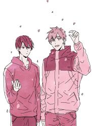 Rule 34 | 2boys, arm up, cha haso, closed mouth, collared jacket, commentary, falling petals, free!, hair between eyes, highres, hood, hood down, hoodie, jacket, limited palette, long sleeves, male focus, multiple boys, nanase haruka (free!), pants, petals, short hair, simple background, symbol-only commentary, tachibana makoto, triangle mouth, white background