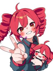 2girls ahoge blush closed_eyes collared_shirt detached_sleeves drill_hair drooling dual_persona grey_shirt grin haru_maron headset highres holding holding_mini_person kasane_teto kasane_teto_(utau) long_sleeves looking_at_viewer mini_person minigirl multiple_girls open_mouth red_eyes red_hair shirt sleeveless sleeveless_shirt smile twin_drills upper_body utau v white_background