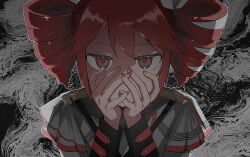 1girl black_background bow buttons commentary_request double-parted_bangs drill_hair fingernails grey_background hair_between_eyes hair_bow hair_ribbon hands_on_own_face highres jacket kasane_teto kasane_teto_(sv) layered_sleeves looking_at_viewer musical_staff musical_staff_print onemubot parted_lips red_eyes red_hair red_nails red_trim ribbon shoulder_belt shoulder_boards solo straight-on striped_clothes striped_jacket synthesizer_v twin_drills upper_body utau white_bow white_ribbon