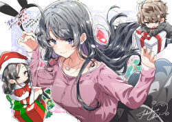 1boy 2girls black_hair blue_eyes gift jewelry multiple_girls necklace pink_shirt seishun_buta_yarou shirt skirt smile takeshima_eku