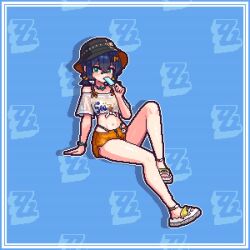 1girl animated art_(rtrunl) belle_(summer_skies)_(zenless_zone_zero) belle_(zenless_zone_zero) bikini crop_top food hair_between_eyes highres licking_lips navel pixel_art popsicle sandals shorts swimsuit tagme tongue tongue_out video zenless_zone_zero