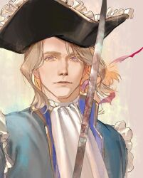 1boy ascot axis_powers_hetalia black_hat blonde_hair blood bloody_weapon blue_coat chinese_commentary closed_mouth coat commentary_request france_(hetalia) frills hair_ribbon hat highres lapels lips looking_at_viewer male_focus open_clothes open_coat pink_ribbon purple_eyes ribbon shirt short_hair simple_background smile solo sword two-sided_coat two-sided_fabric upper_body weapon white_ascot white_background white_shirt zhongerweiyuan