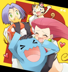 Rule 34 | &gt; &lt;, 1boy, 1girl, black gloves, chiyo (195815), closed eyes, earrings, fangs, gen 1 pokemon, gen 2 pokemon, gloves, green eyes, headset, heart, james (pokemon), jessie (pokemon), jewelry, magikarp, meowth, midriff, nintendo, petting, pokemon, pokemon (anime), pokemon (classic anime), pokemon (creature), purple hair, reading, red hair, sphere earrings, team rocket, wobbuffet