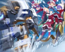1boy 3girls absurdres bag blonde_hair blue_hair christmas cosmic_break crimrose closed_eyes hair_ribbon highres jikun_hu lily_rain mighty_byne multiple_girls official_art pantyhose pink_hair purple_hair red_eyes ribbon santa_costume seraph_crimrose sleigh snow twintails wakaba_sprout winberrl wings