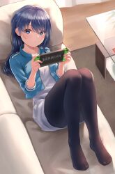 Rule 34 | 1girl, absurdres, alice gear aegis, blue eyes, blue hair, couch, highres, kanogawa hiro, koashi mutsumi, long hair, nintendo switch, on couch