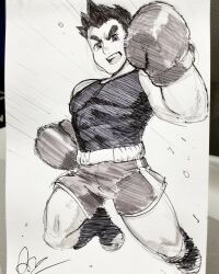 1boy alex_ahad black_hair boots boxing_gloves full_body greyscale little_mac looking_at_viewer monochrome motion_lines nintendo open_mouth pen_(medium) punch-out!! shorts solo speed_lines traditional_media