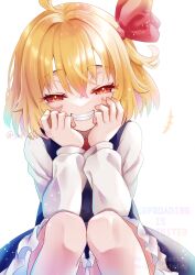 +++ 1girl absurdres ahoge black_skirt black_vest blonde_hair bow commentary_request eyes_visible_through_hair fangs frilled_skirt frills grin hair_bow hands_on_own_cheeks hands_on_own_face highres long_sleeves looking_at_viewer red_bow red_eyes rumia sakuyabm shirt short_hair skirt smile solo squatting touhou vest watermark white_shirt
