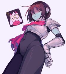 1boy 1other ? androgynous armor black_unitard blue_skin blupixl breastplate colored_skin covered_navel deltarune from_below gauntlets glasses goat_boy goat_horns hair_over_eyes highres horns kris_(deltarune) partially_shaded_face scarf shoulder_armor simple_background solo_focus standing unitard