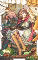 1girl abacus ani_inako basket boots brown_boots brown_hair cabbage cape daikon dame_x_prince dress full_body gaha_(charat08) gurimaru hairband highres holding_abacus hood hooded_cape lantern lolita_hairband map open_mouth purple_eyes radish red_cape red_ribbon ribbon tomato white_dress yarn