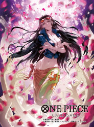 1girl black_hair blue_vest breasts cleavage closed_mouth commentary_request copyright_name cropped_jacket cropped_vest devil_fruit_power extra_arms eyewear_on_head floating_hair hana_hana_no_mi high_collar jacket long_hair looking_at_viewer moreshan nico_robin nico_robin_(return_to_sabaody) official_art one_piece one_piece_card_game orange-tinted_eyewear pink_petals pink_sarong sarong short-sleeved_jacket short_sleeves smile solo sunglasses tinted_eyewear vest zipper