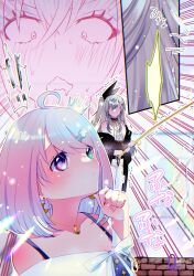 Rule 34 | 2girls, absurdres, ahoge, aqua eyes, candy hair ornament, commentary request, constricted pupils, crescent, crescent necklace, crown, dress, drooling, fishing rod, food-themed hair ornament, gradient hair, grey hair, hair ornament, hand on own chin, heterochromia, highres, himemori luna, himemori luna (sundress), holding, holding fishing rod, hololive, hololive dev is, isaki riona, jewelry, long hair, minecraft, mini crown, mouth drool, multicolored hair, multiple girls, necklace, no eyes, off-shoulder dress, off shoulder, official alternate costume, pink hair, pntv25607, pointed crown, purple eyes, purple hair, silver crown, surprised, swept bangs, tilted headwear, virtual youtuber, wavy mouth, wide-eyed