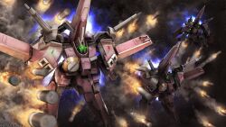 absurdres battle beam_cannon contrail copyright_logo firing fleet gaza-e glowing glowing_eye gundam gundam_battle_operation_2 gundam_sentinel highres itano_circus lens_flare machinery mecha mecha_focus missile mobile_suit motion_blur neo_zeon no_humans official_art one-eyed radar_dish radome realistic robot scan science_fiction sunrise_(company) tenjin_hidetaka thrusters zero_gravity