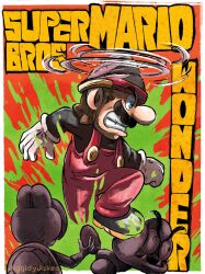 1boy 2others angry blue_eyes brown_hair chainsaw_man drill drill_mario english_text facial_hair gloves goomba hat highres jiggidyjakes koopa_troopa mario mario_(series) multiple_others mustache nintendo overalls power-up serious super_mario_bros._wonder title
