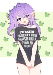 1girl absurdres ahoge animal_print black_choker black_shirt blush breasts choker clothes_writing crescent crescent_hair_ornament frog_print hair_ornament highres long_hair meme naked_shirt open_mouth phase_connect please_be_patient_i_have_autism_(meme) pointy_ears purple_eyes purple_hair shirt single_bare_shoulder sleepy_project solo star_(symbol) star_choker star_hair_ornament virtual_youtuber yaeba00